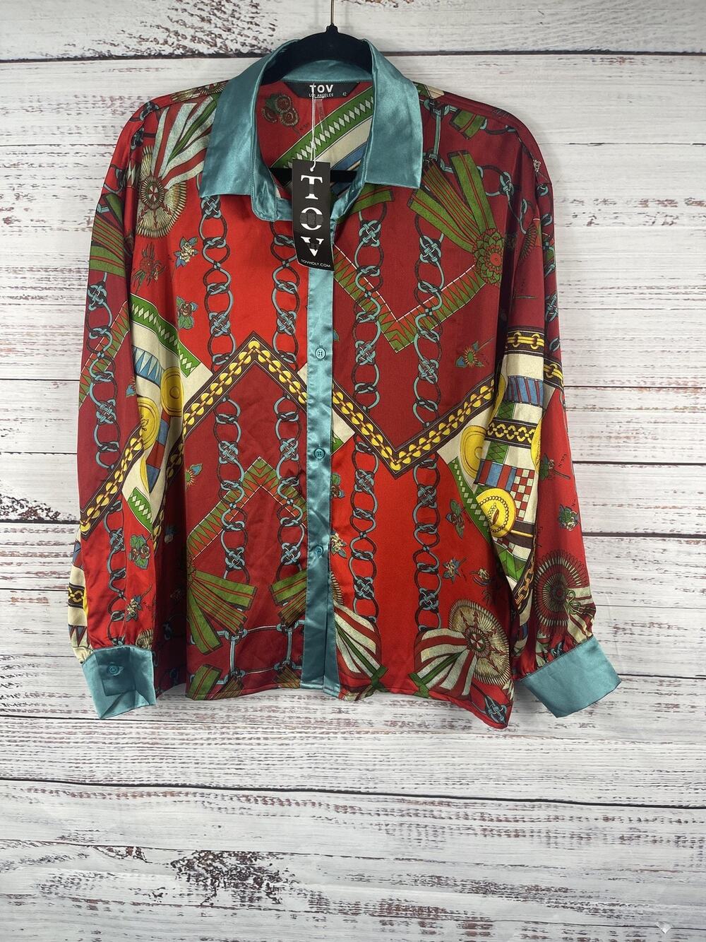 TOV Los Angeles Shirt Women's 42 US L Red Scarf Print Button Up Blouse Polyester